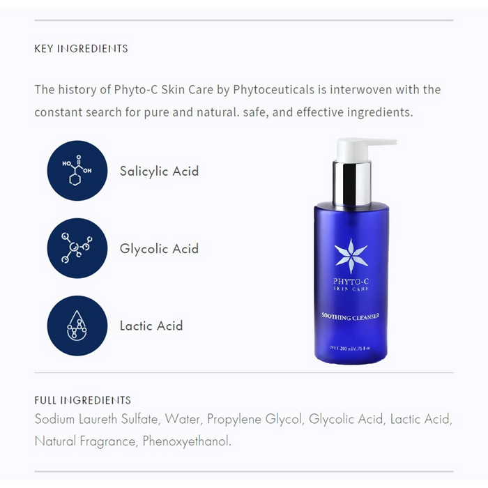 Phyto-C Soothing Cleanser bottle with salicylic, glycolic and lactic acid ingredients
