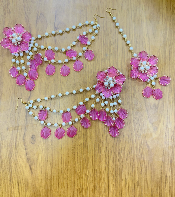Pink Floral Earrings Tikka  Jewellery Set