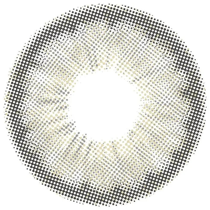 A donut-shaped pattern of small black, gray, and beige dots in a gradient—resembling EyeCandys Pink Label Angel Grey lenses—forms a circle with an empty white center.
