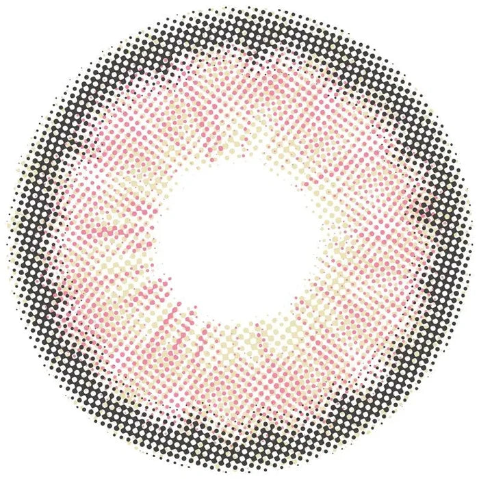A circular pattern of small dots fades from black to pink and white toward the center, resembling a stylized donut and evoking the look of EyeCandys Pink Label Angel Pink contact lenses.