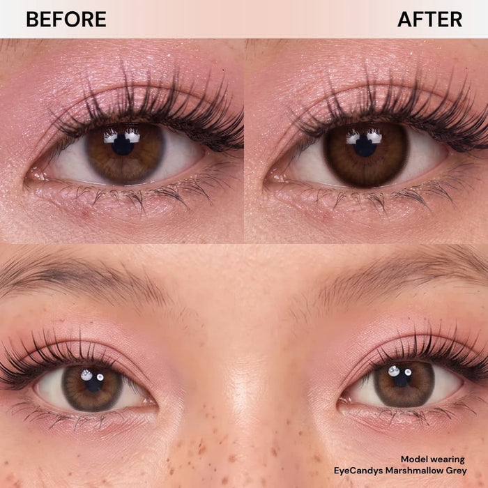 Close-up photos show natural brown eyes before and after wearing EyeCandys Pink Label Marshmallow Grey contacts. Afterward, the eyes are softly enhanced with a subtle grey tint and a natural smoky eye effect.