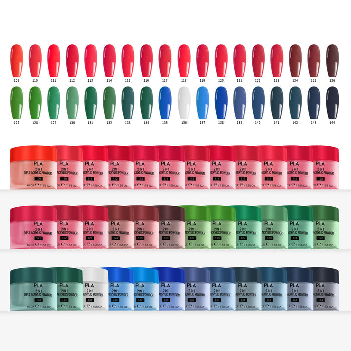 Nail tip color swatches and jars displayed on a white background