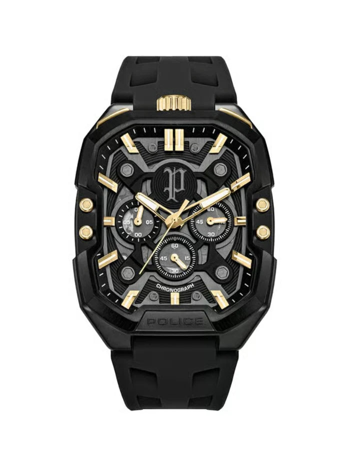 Police Rectangle Black Dial Chronograph Watch With Silicone Strap  - PLPEWGO0092204