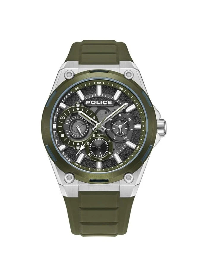 Police Round Grey Dial Multifunction Watch With Green Silicone Strap  - PLPEWJQ2203242