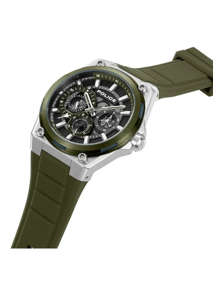 Police Round Grey Dial Multifunction Watch With Green Silicone Strap  - PLPEWJQ2203242