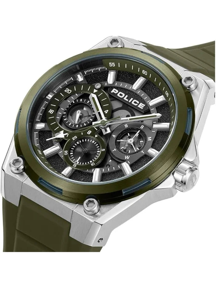 Police Round Grey Dial Multifunction Watch With Green Silicone Strap  - PLPEWJQ2203242