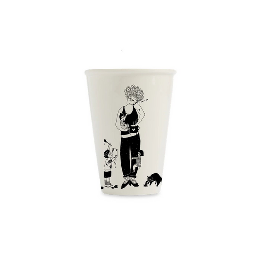 White porcelain cup with black illustration of a woman holding kids and pets