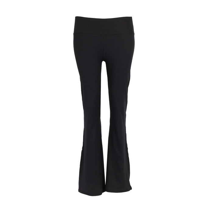 Black flare leggings with high-rise waistband and wide bell bottom hem