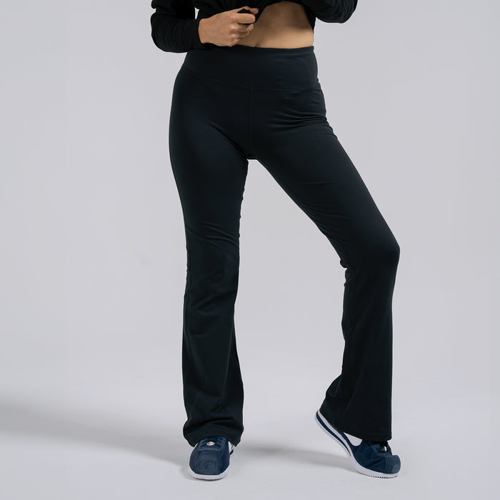 Black women’s flare leggings, slim fit through hips and thighs, bootcut hem