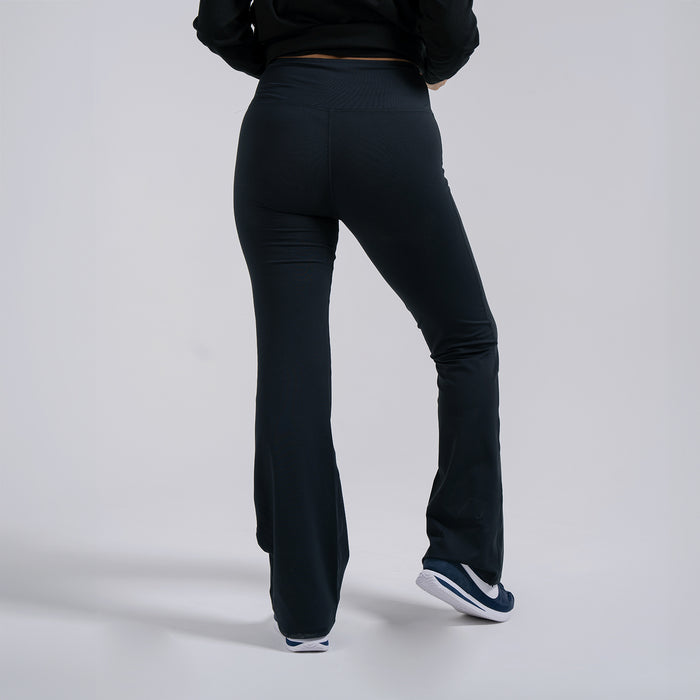 Black flare leggings with flared bootcut hem and smooth back panel