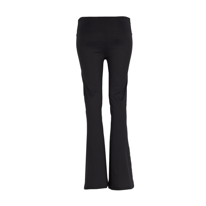 Black flare leggings, wide bootcut hem and high-rise waistband (flat view)