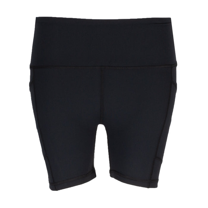 Women's black mid-thigh bike shorts, smooth waistband and seam detailing