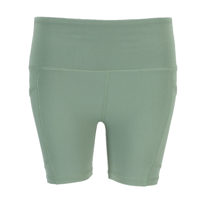 Sea spray green women's bike shorts, mid-thigh, elastic waistband, side pockets.
