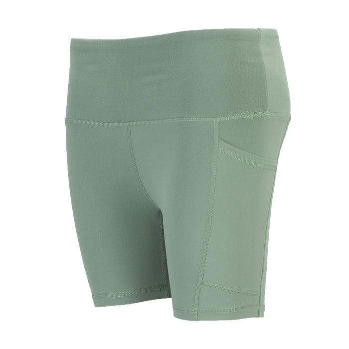 Sea spray green women's bike shorts with side pocket panel and stitched seams.