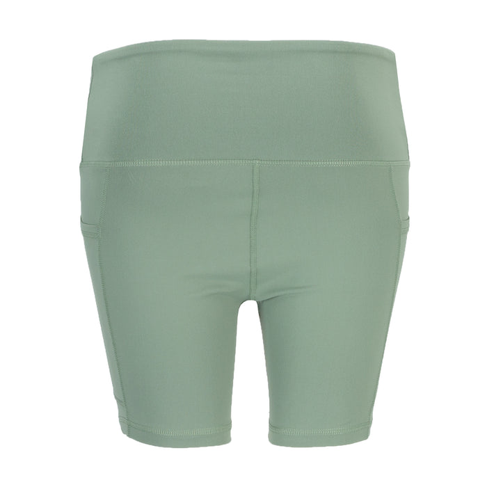 Sea spray green women's bike shorts, back view, mid-thigh length with elastic waistband.