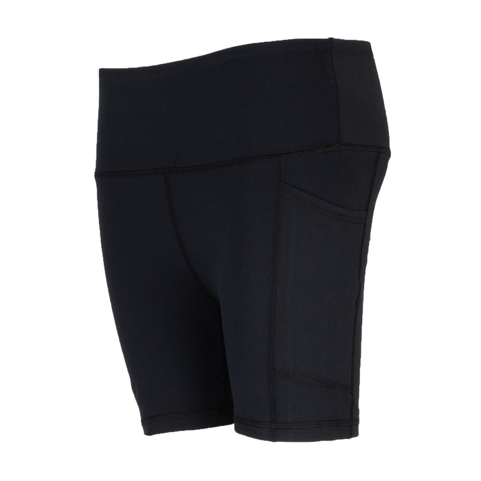 Women's black bike shorts, back view with vertical panel seams