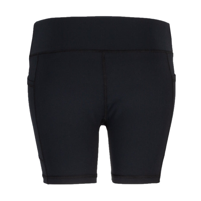 Women's black bike shorts, rear view with seam panels and elastic hem
