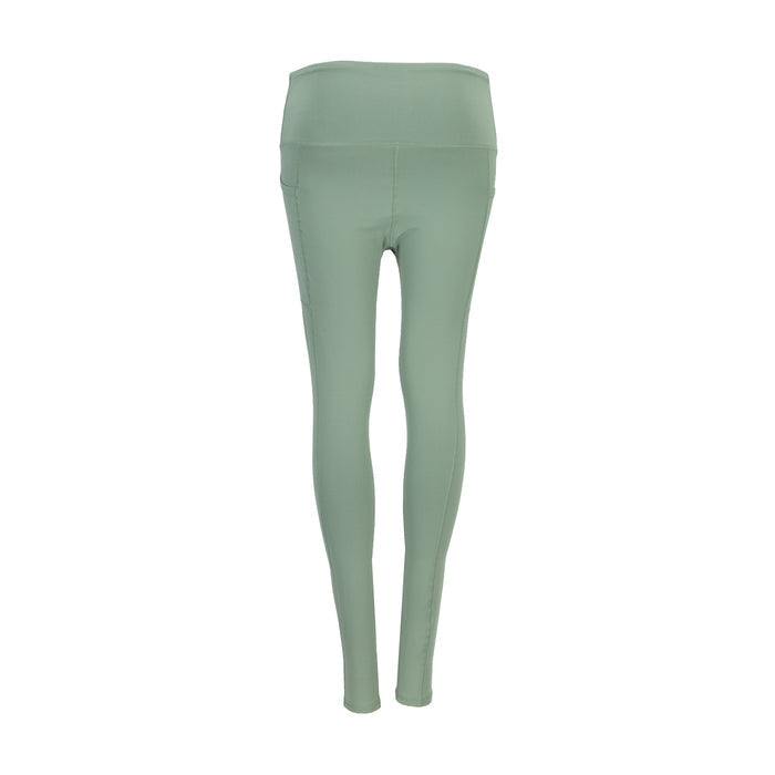Womens high-waist sea spray green leggings, close front view, full length.