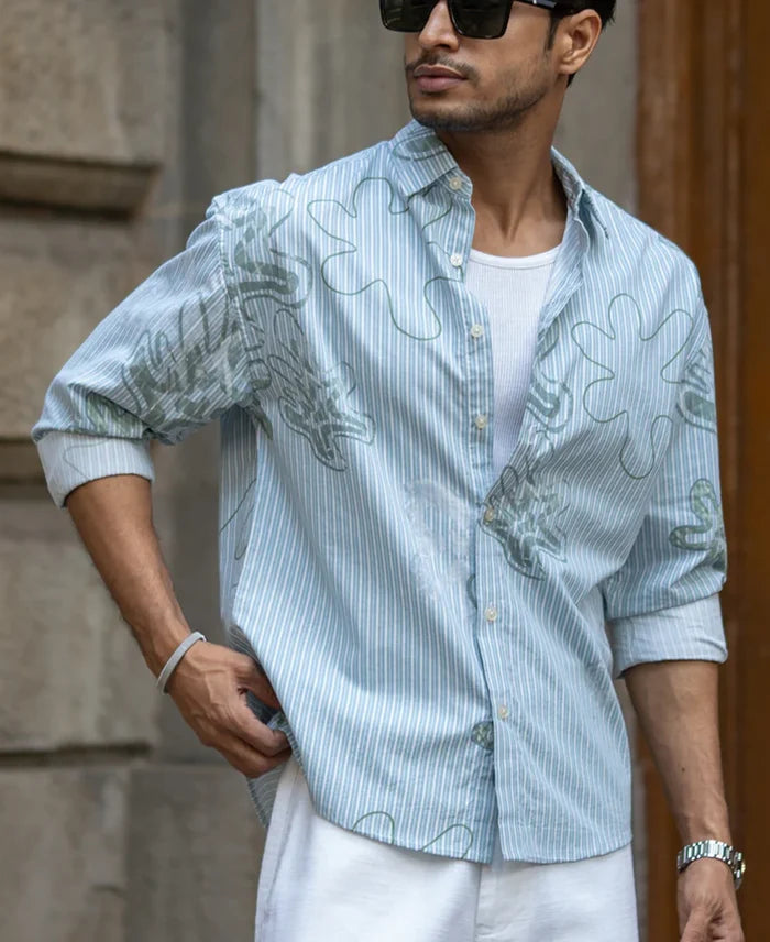 Powerlook Blue Abstract Stripe Print Cotton Shirt