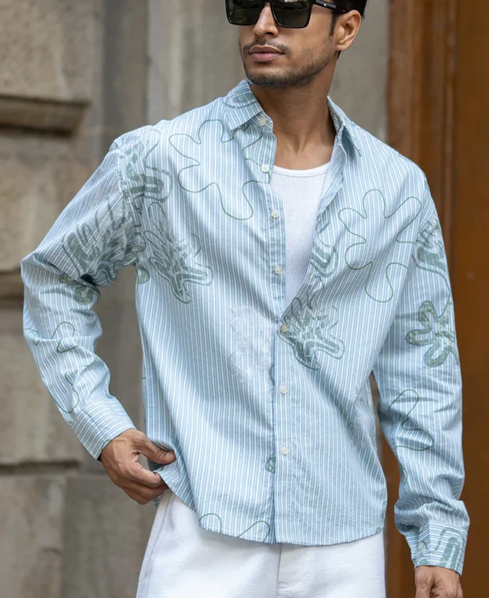 Powerlook Blue Abstract Stripe Print Cotton Shirt
