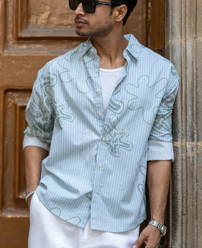 Powerlook Blue Abstract Stripe Print Cotton Shirt