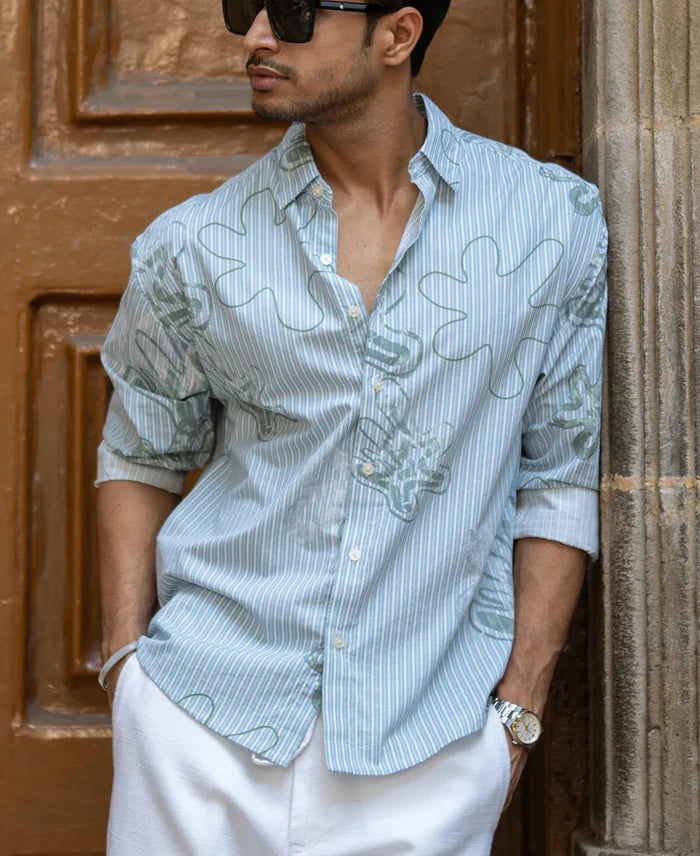 Powerlook Blue Abstract Stripe Print Cotton Shirt