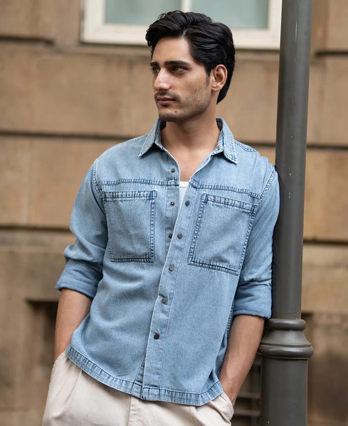 Powerlook Blue Double Pocket Denim Cotton Shirt