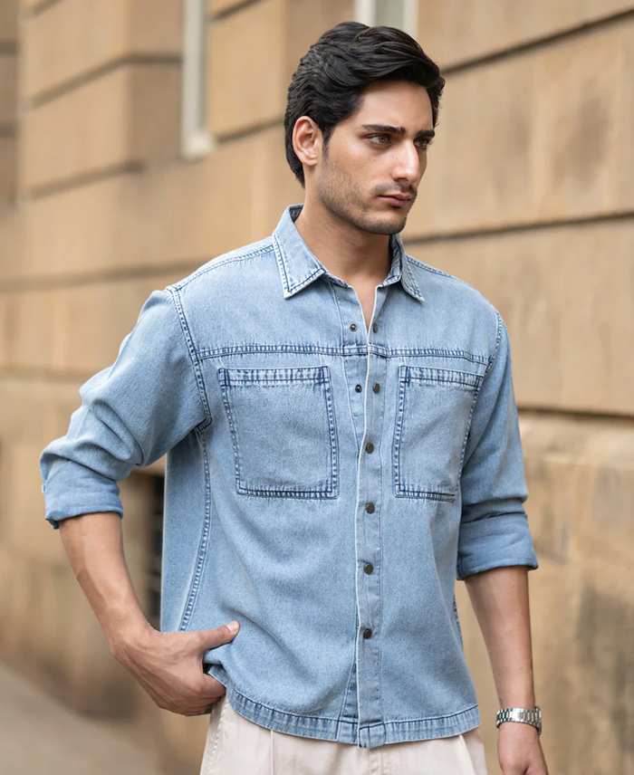 Powerlook Blue Double Pocket Denim Cotton Shirt