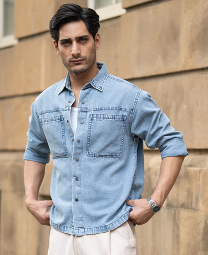 Powerlook Blue Double Pocket Denim Cotton Shirt