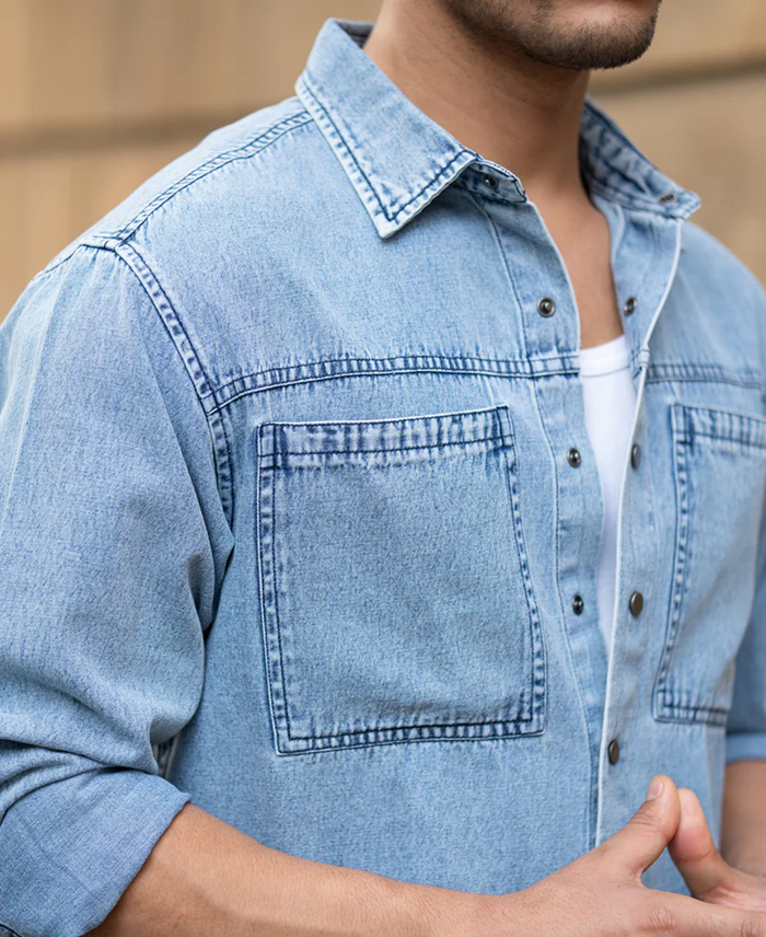 Powerlook Blue Double Pocket Denim Cotton Shirt