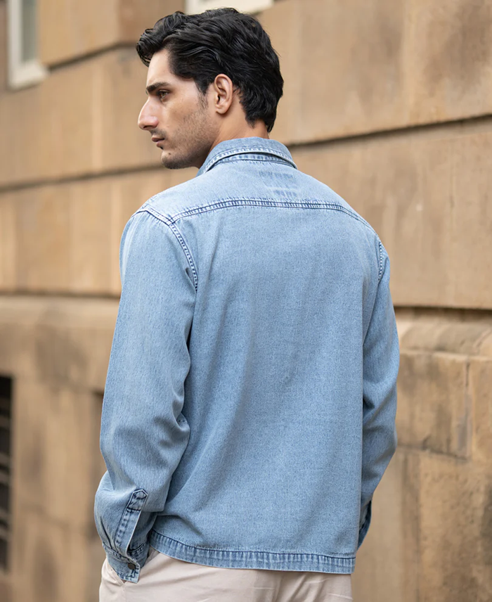 Powerlook Blue Double Pocket Denim Cotton Shirt