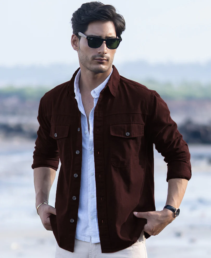 Powerlook Wine Structured Cotton Overshirt with Pockets