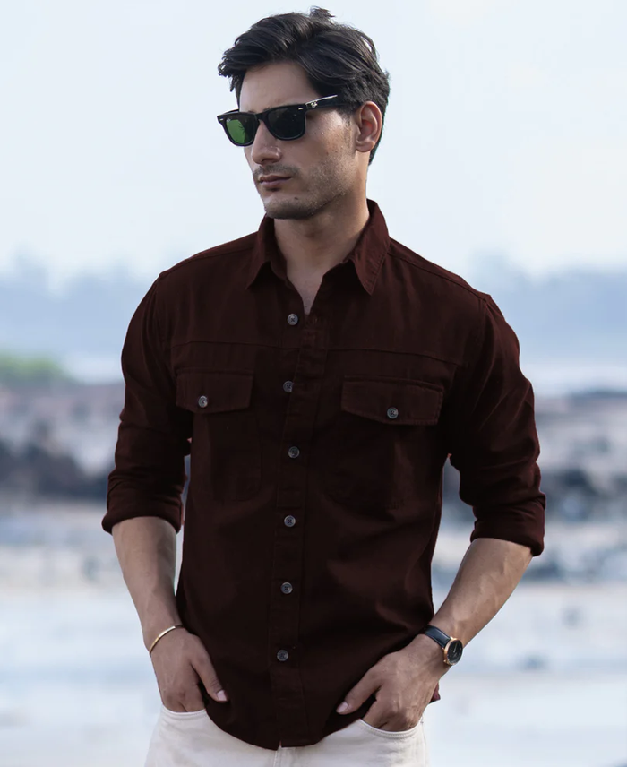 Powerlook Wine Structured Cotton Overshirt with Pockets