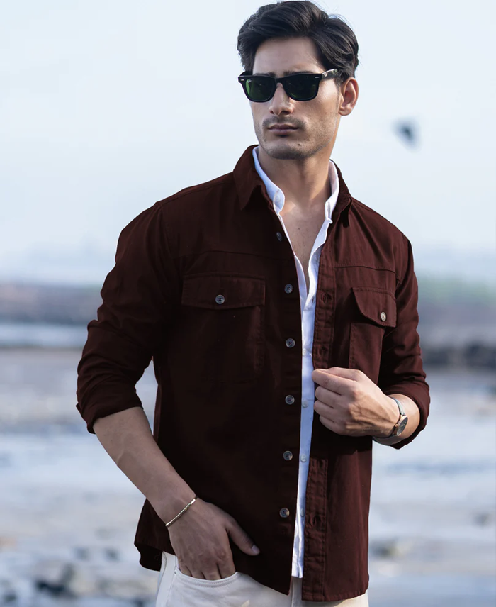 Powerlook Wine Structured Cotton Overshirt with Pockets