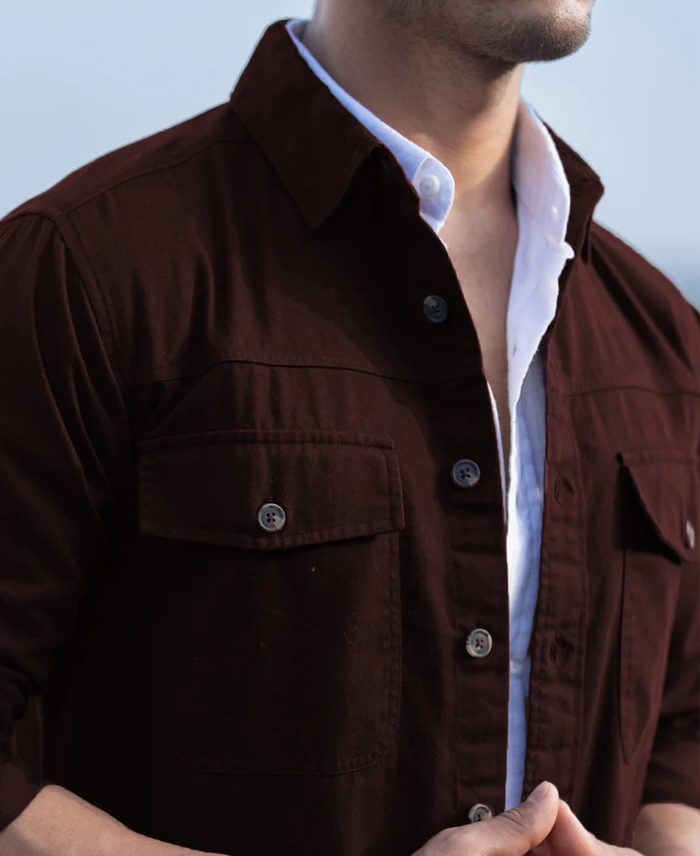 Powerlook Wine Structured Cotton Overshirt with Pockets