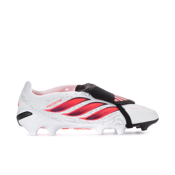 Men's white football cleat with red stripes and black strap detail