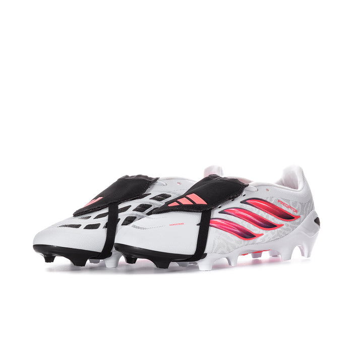 Men's white football cleats with red accents and black crossover strap
