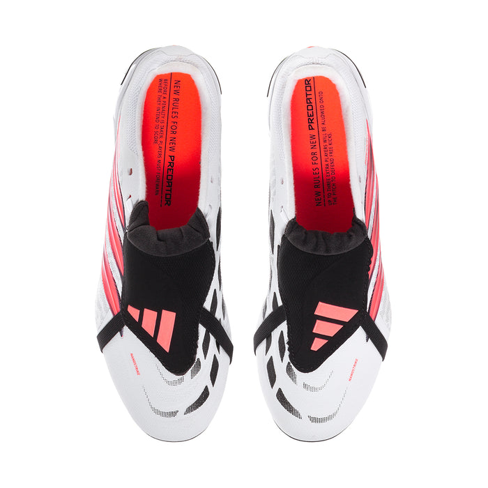 Pair of men's white football cleats with black toe strap and red lining
