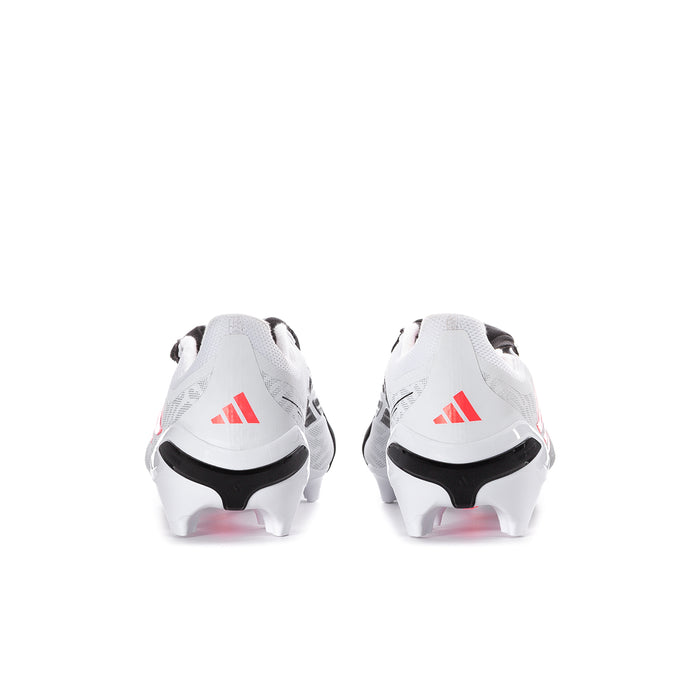 Men's white football cleats with black heel tabs and red accents