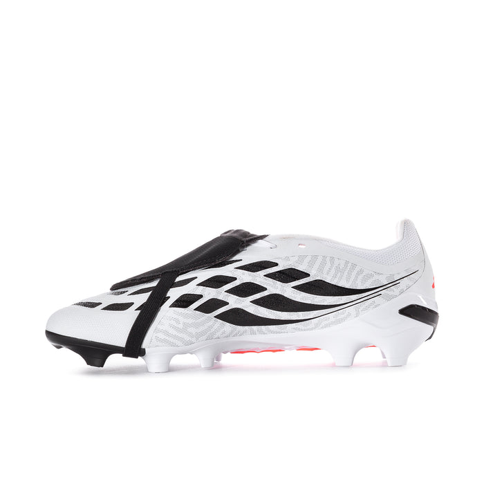Men's white football cleat with black pattern overlays and red side detailing