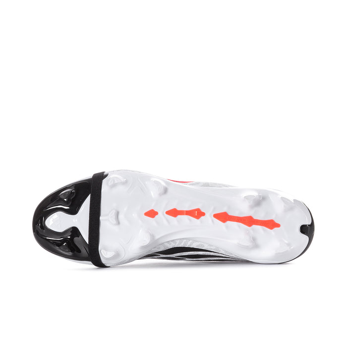 Men's white football cleat outsole with red studs and black heel strap