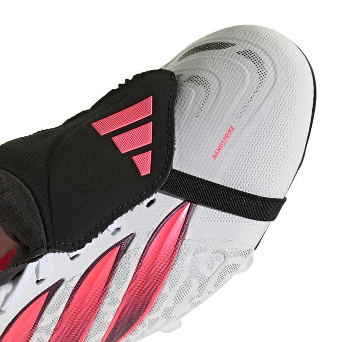 Men's white cleat with black ankle strap and red accent stripes on upper