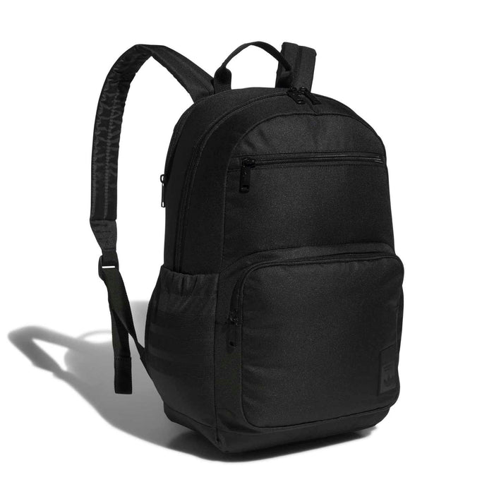 Black backpack with front zip pocket and padded top handle