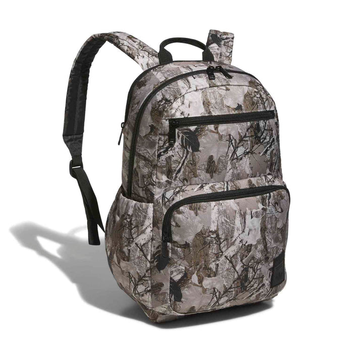 Camouflage backpack with black straps and front zip pocket