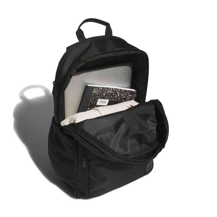 Black backpack open front compartment with inner sleeve and side zip closure