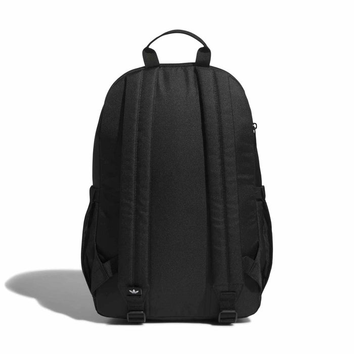 Black backpack back view with padded straps, top handle, and adjustable buckle