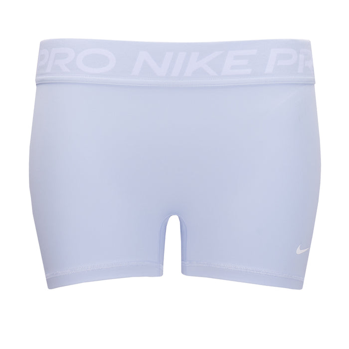Women's Nike Pro 3" performance shorts, light blue with elastic waistband and small side logo