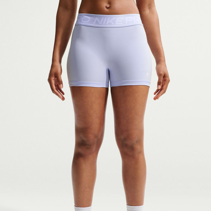 Women's Nike Pro 3" shorts in light blue, mid-rise fit with printed waistband logo