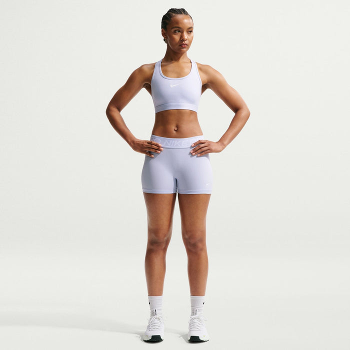 Women's Nike Pro 3" light-blue shorts, front view with side logo and smooth seam lines