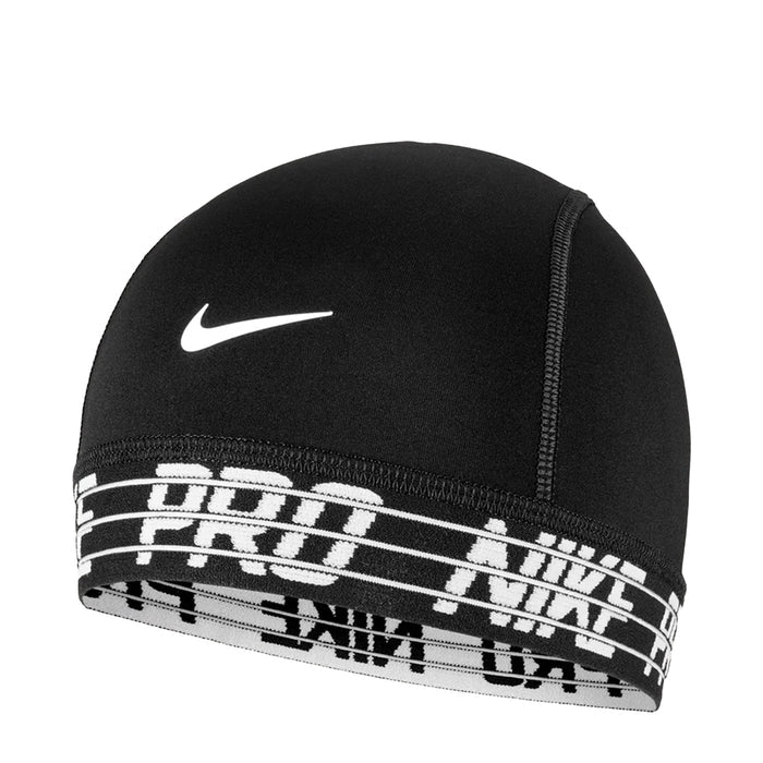 Nike Pro Dri-FIT skull cap beanie, black knit with white trim and logo, striped band